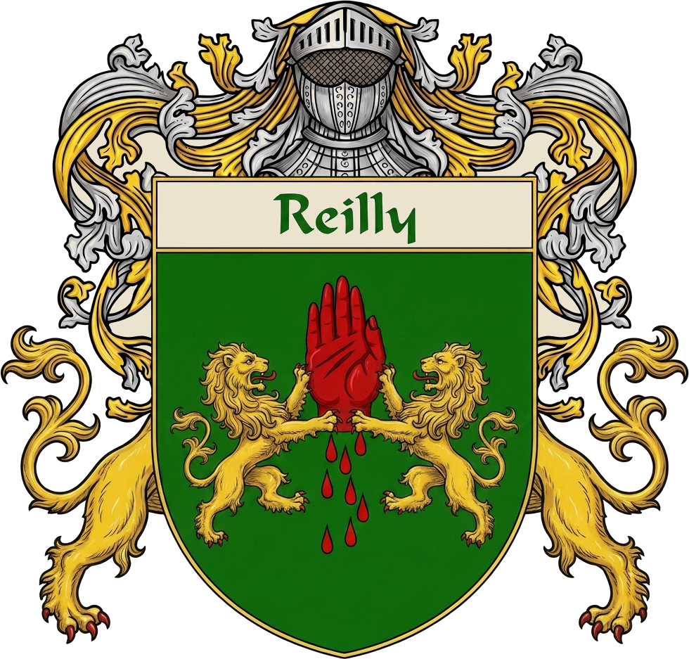 The Reilly family coat of arms — a red hand and two rampant lions on a green field